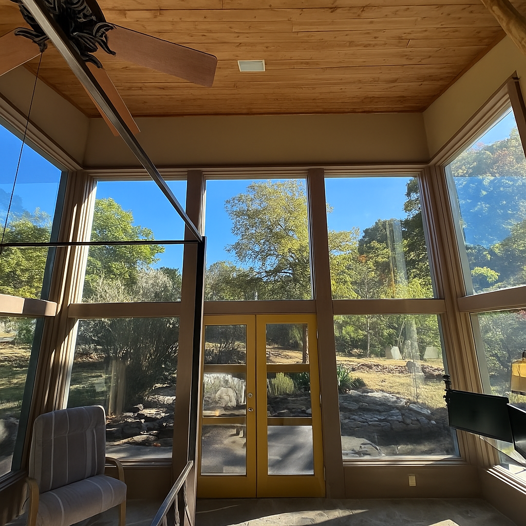 Sunroom with large windows, wood ceiling, looking out to trees and a blue sky.