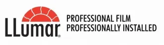 Llumar logo with red sun-like design and text: Professional Film, Professionally Installed.
