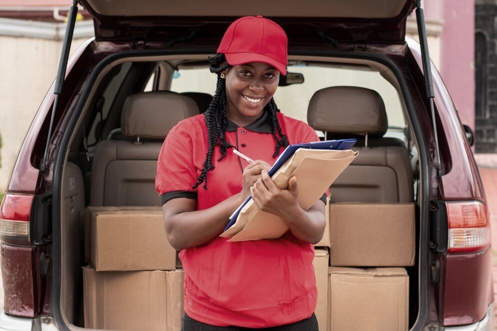 A delivery woman is standing in front of a car filled with boxes and writing on a clipboard.