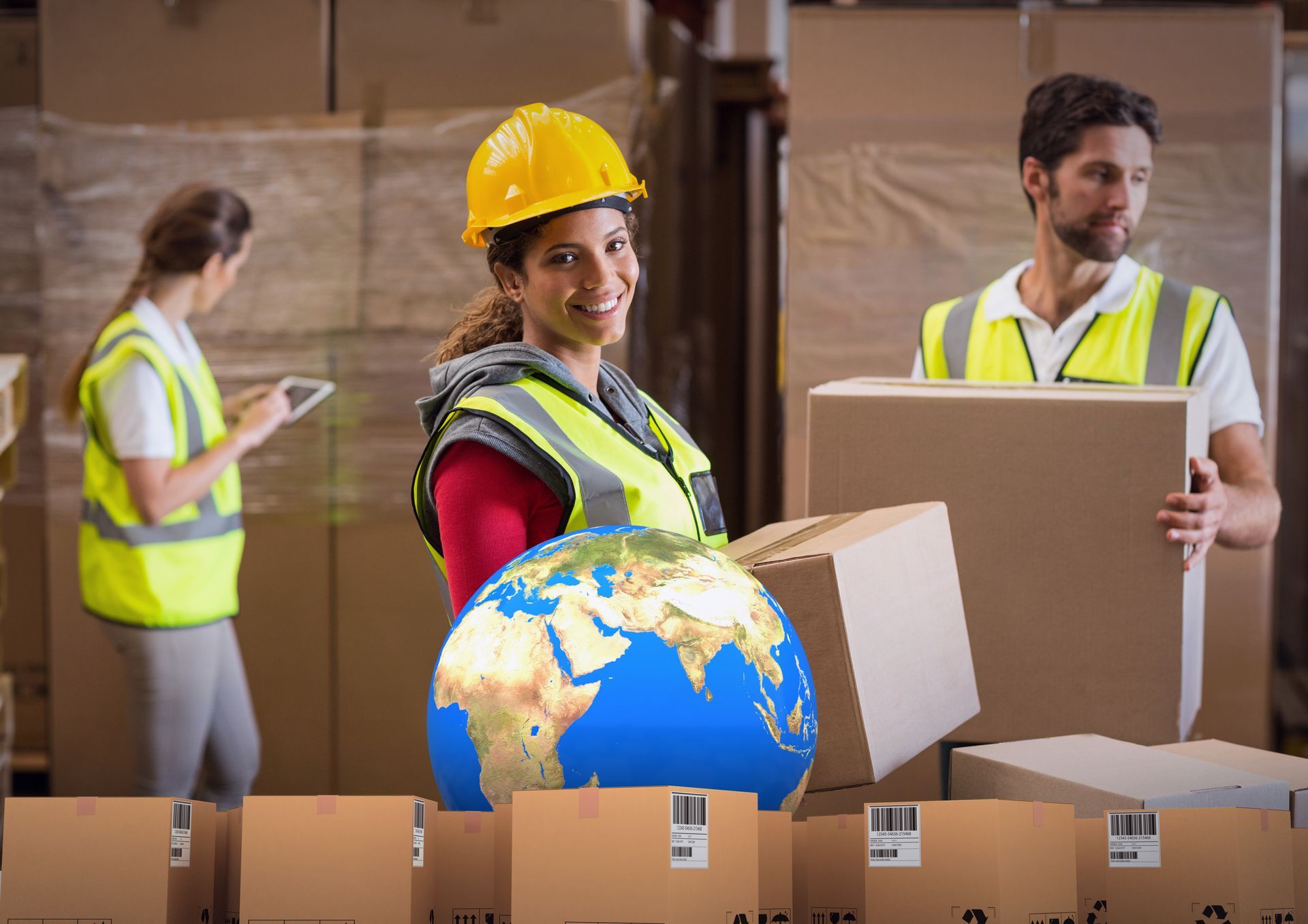 A woman is holding a globe and a box in a warehouse.