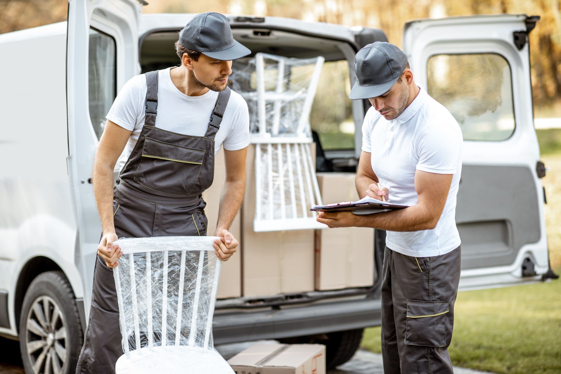 Two delivery men are standing next to each other in front of a van.