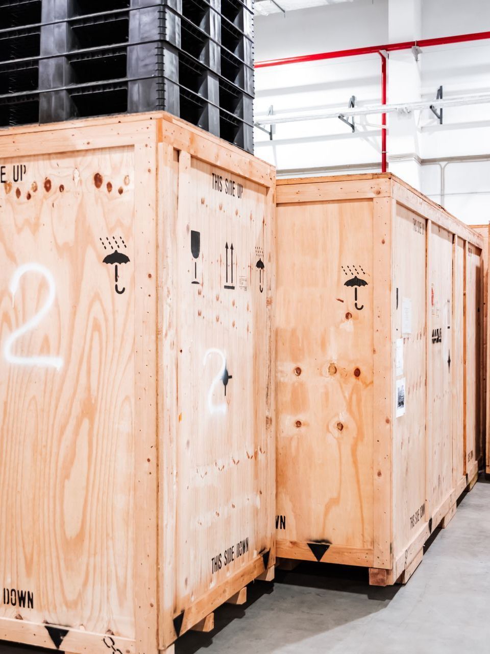 A row of wooden crates with the number 2 on them