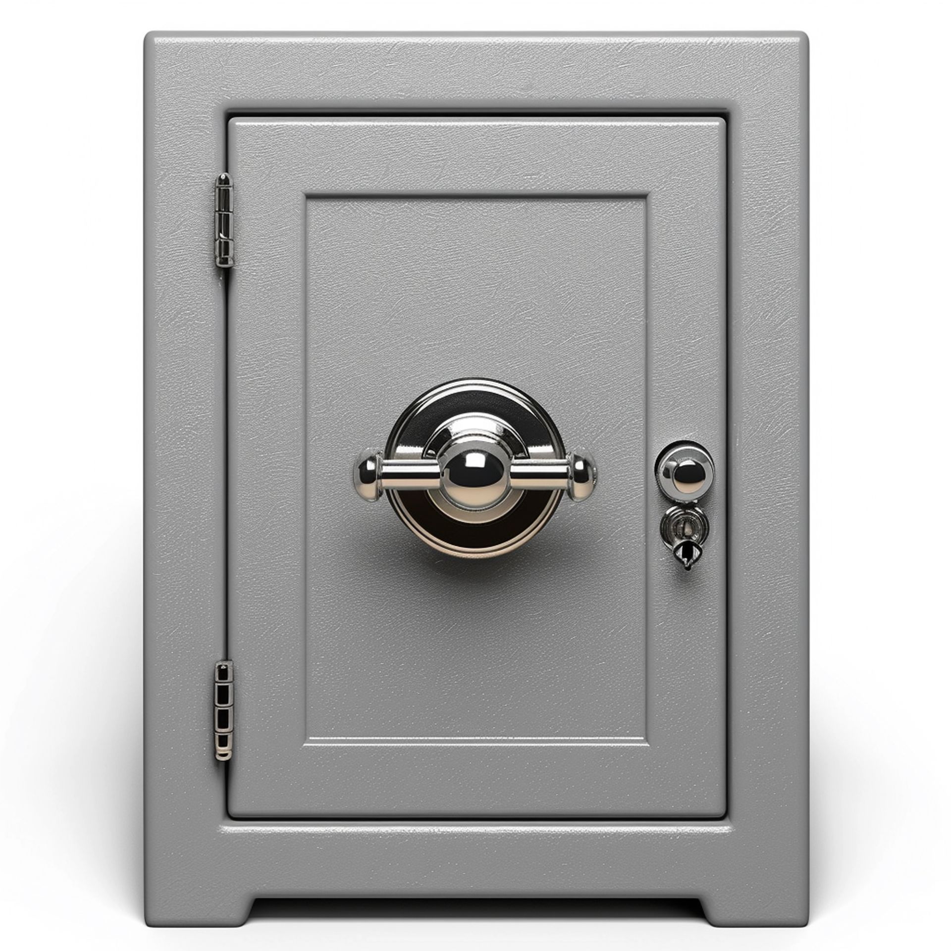 A gray safe with a silver handle on a white background.