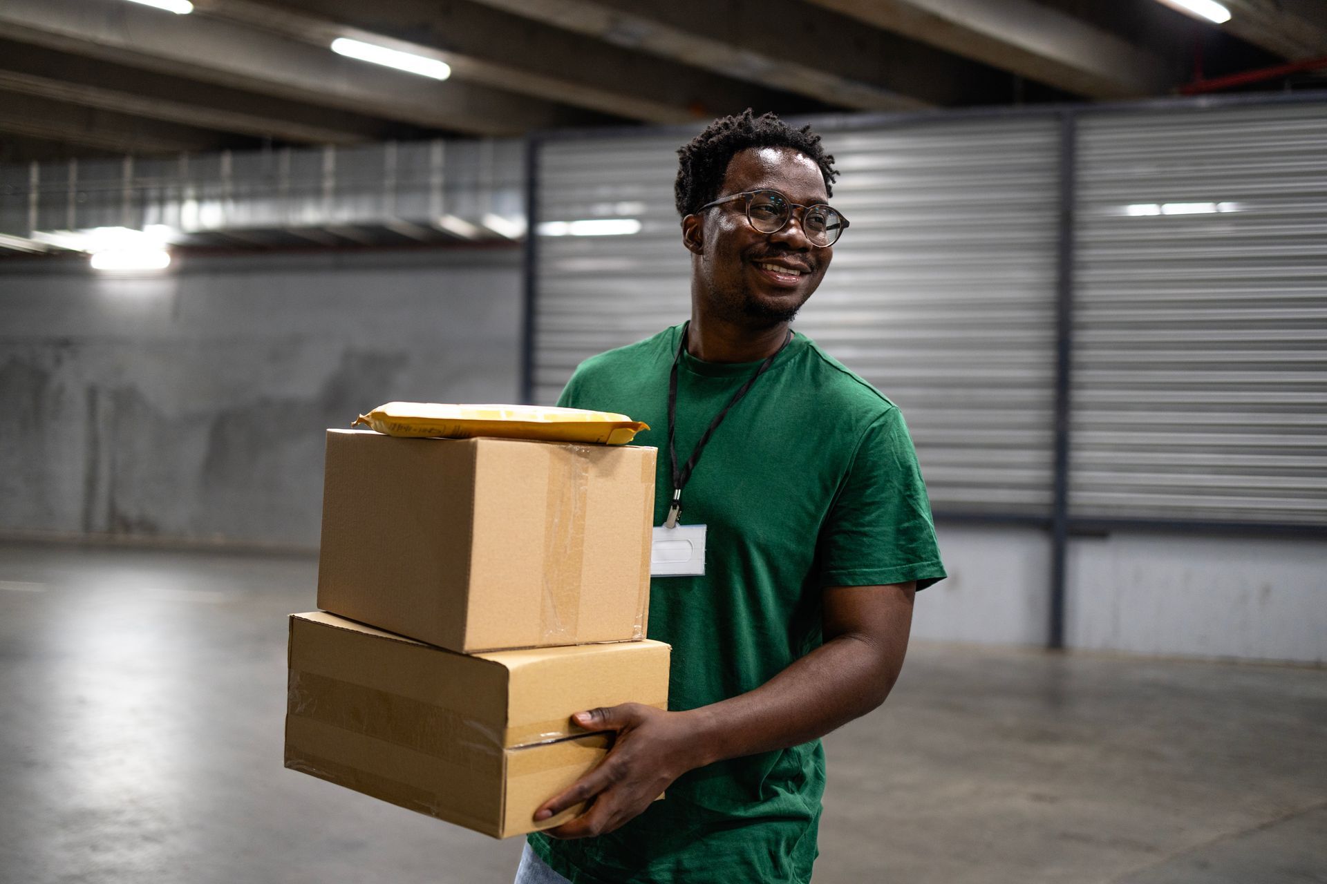 A man is holding a stack of cardboard boxes in a warehouse.