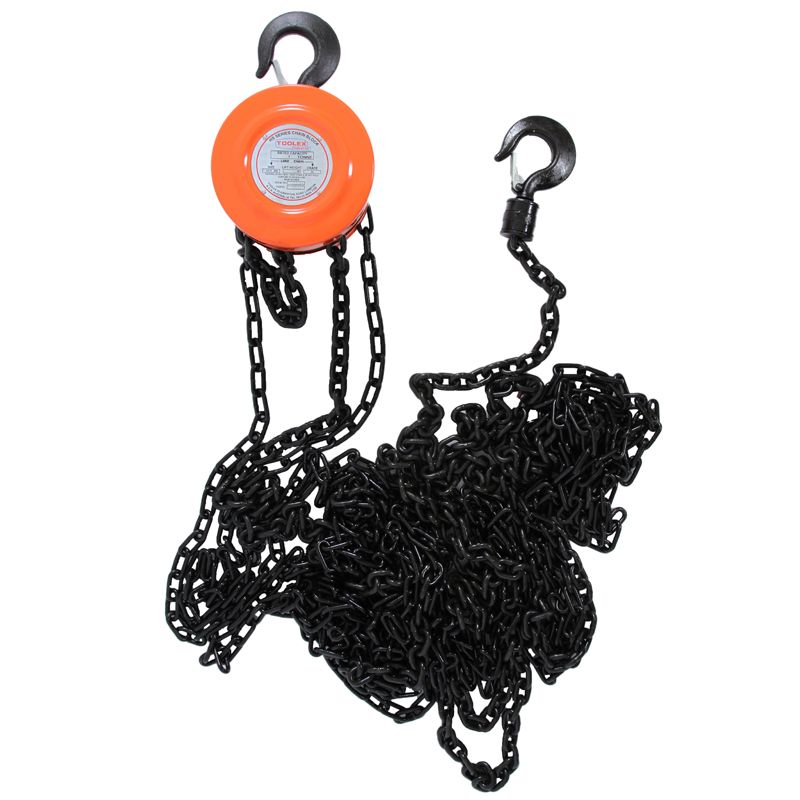 A chain hoist with an orange handle and black chains