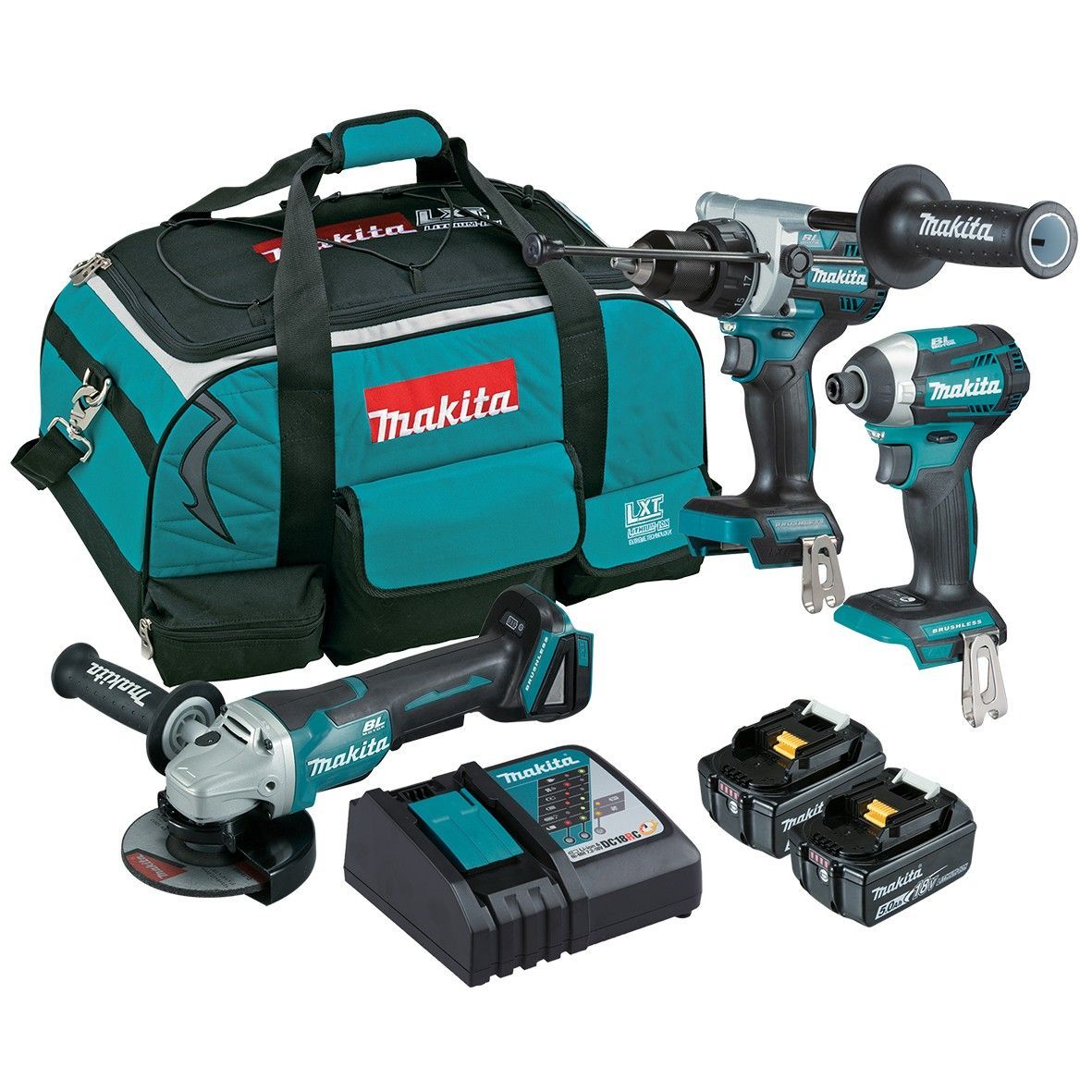 A makita cordless tool set with a bag and two batteries.