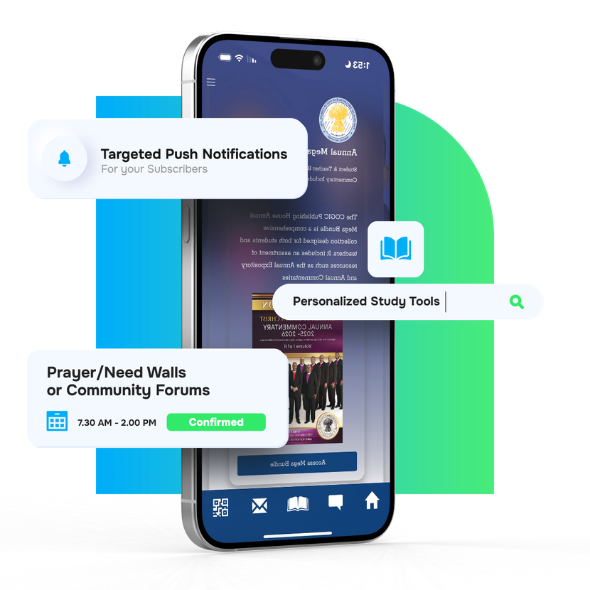 Promotional graphic of a smartphone app with floating feature labels on a blue-green background