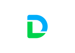 Blue and green stylized “D” logo on a white background