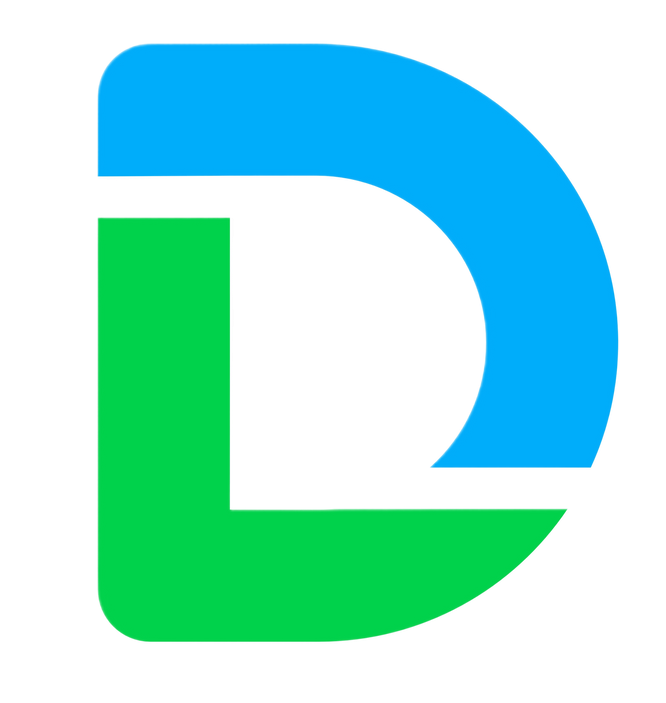 Blue and green stylized “D” logo on a white background