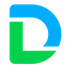 Blue and green stylized “D” logo on a white background