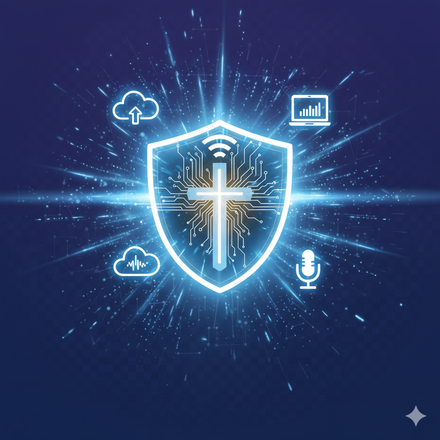 Shield with cross and circuit board design. Cloud, laptop, and microphone icons radiate from the shield against a blue background.