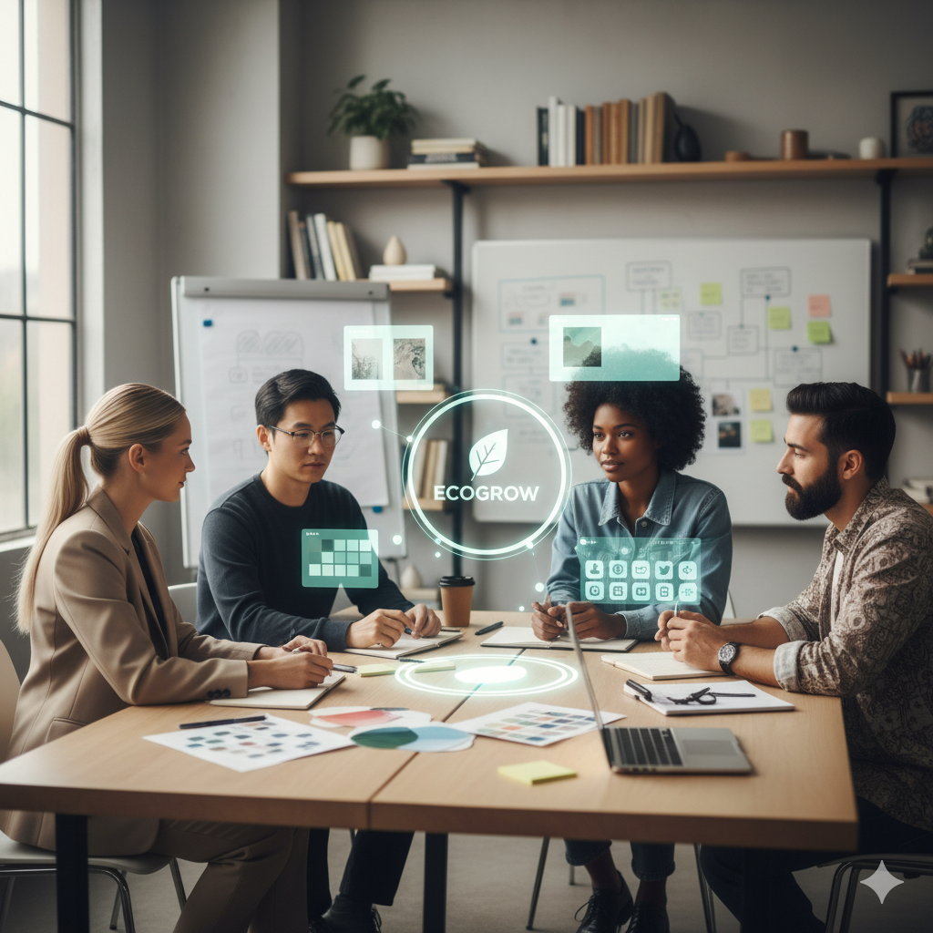 Four people at a table, discussing a project in a modern office, with holographic overlays.