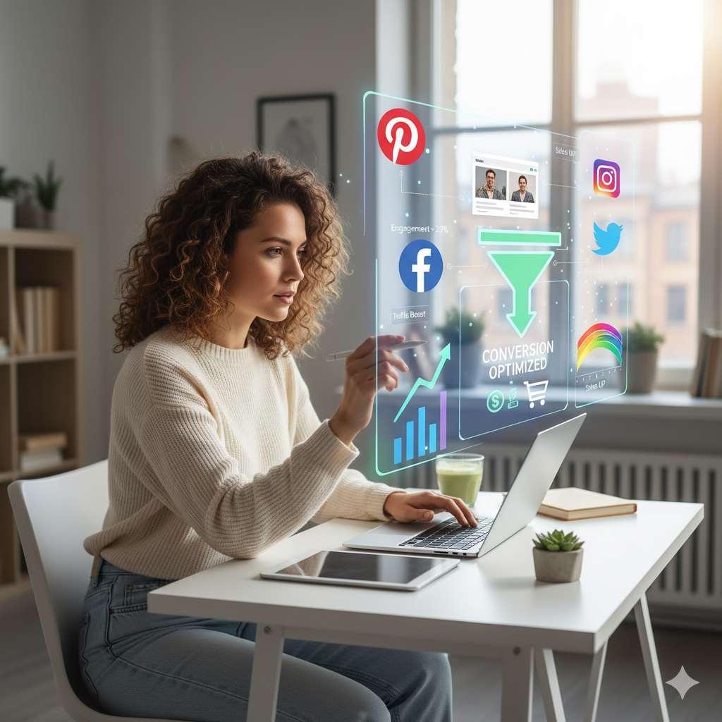 Woman at a desk using laptop, social media icons displayed, data graphs, sunny room, neutral tones.