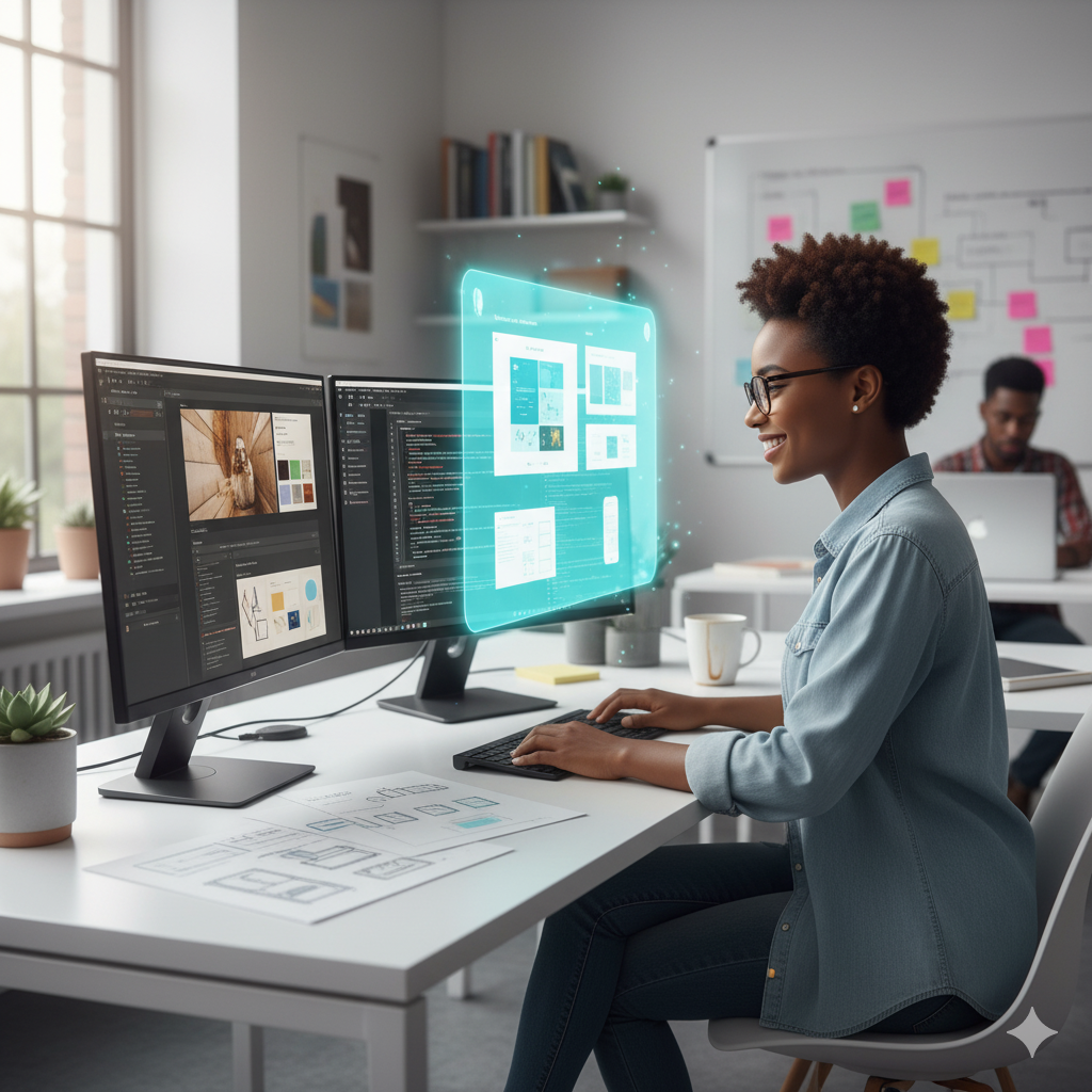 Black woman smiling, coding at computer, designing website with a transparent display.