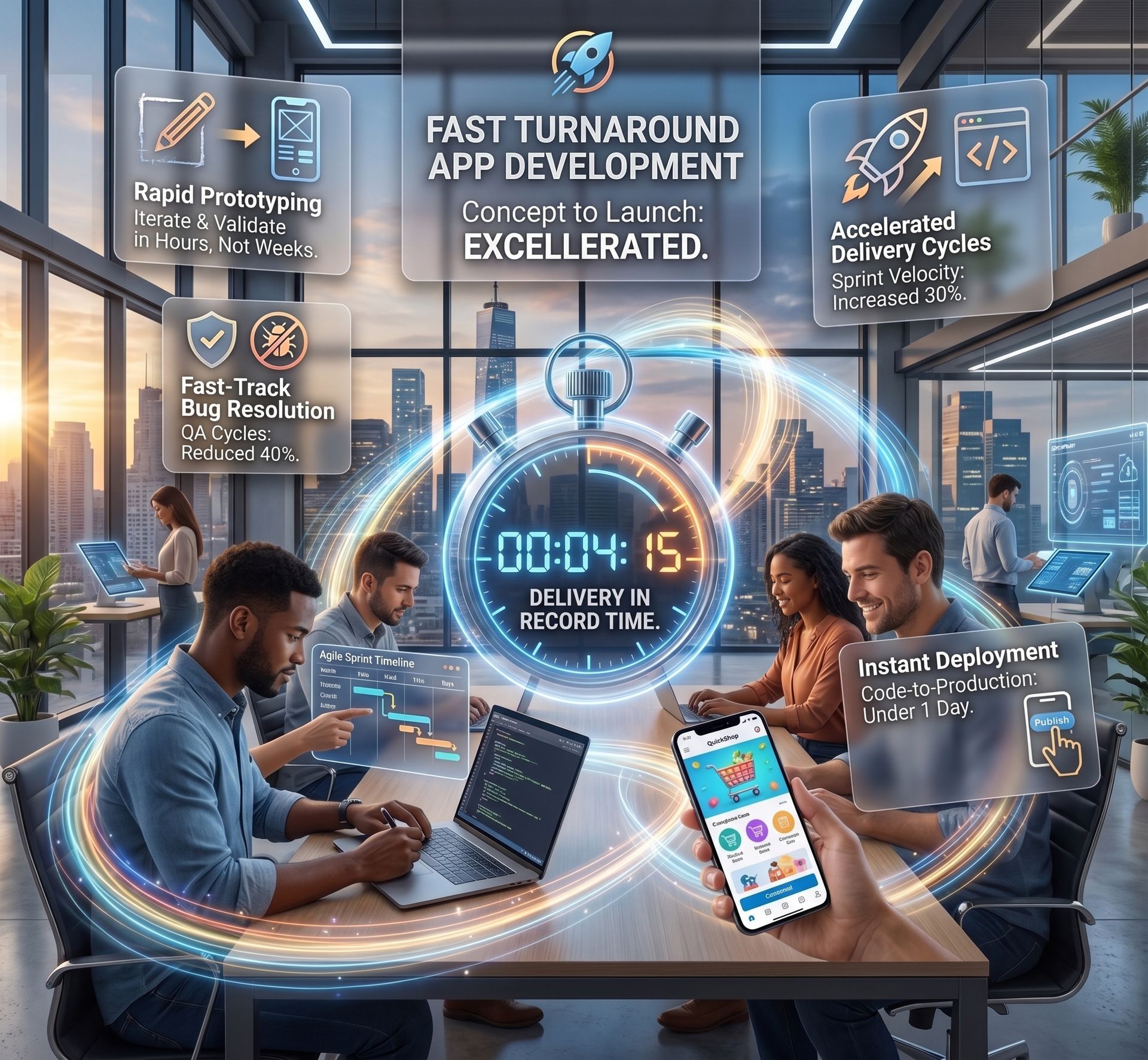 Team collaborating at laptops in a modern office with a glowing circular UI and app development metrics displayed.