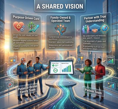Team workshop graphic with “A Shared Vision,” showing four collaboration themes around a central dashboard.