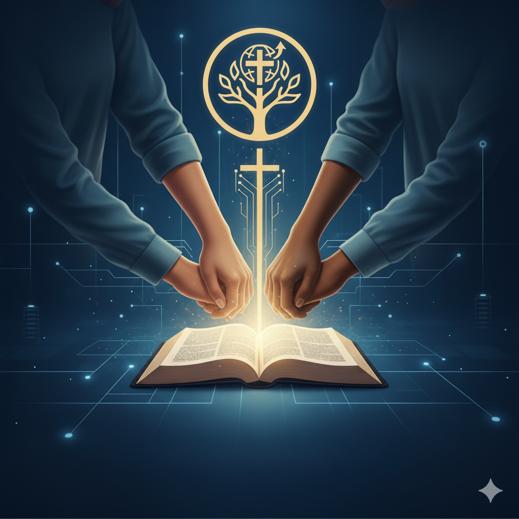 Two hands above an open, glowing Bible, with a cross and tree emblem above.