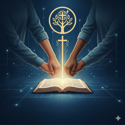 Two hands above an open, glowing Bible, with a cross and tree emblem above.