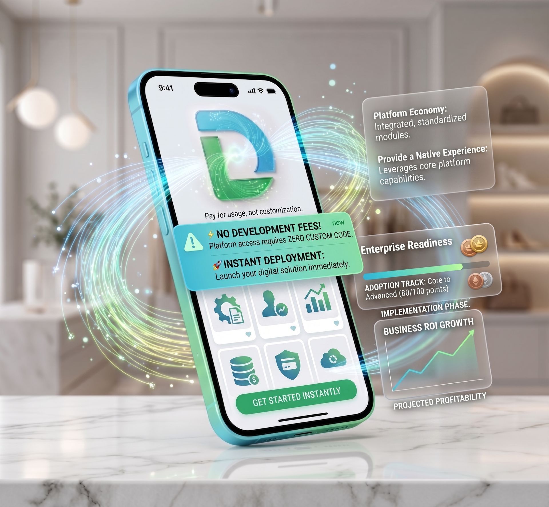 Smartphone displaying a green finance dashboard with floating data panels in a bright modern room