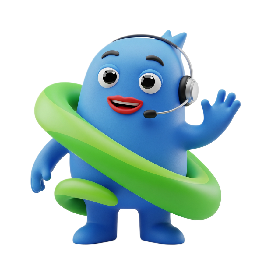 Blue character with glasses using a computer, green ring around neck.