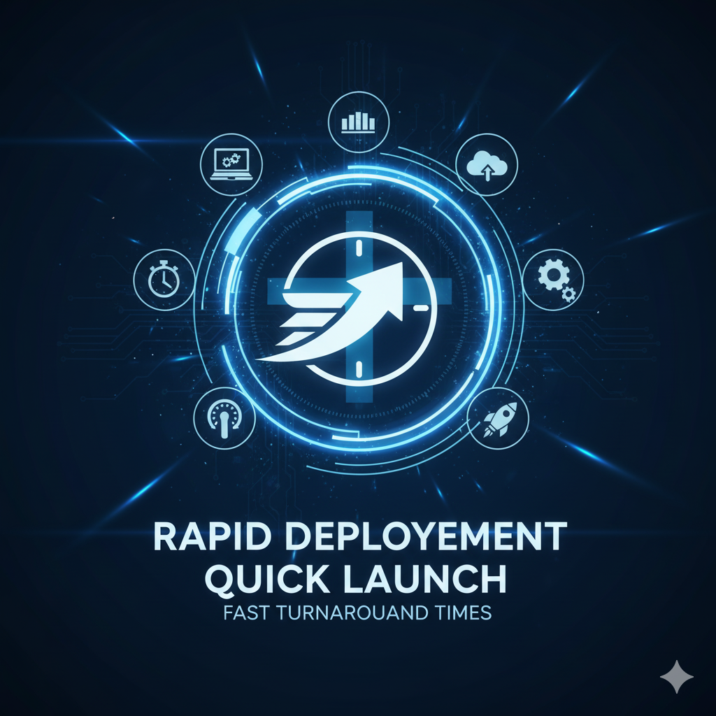 Blue graphic with a central upward arrow, surrounded by a glowing circle and icons, text reads