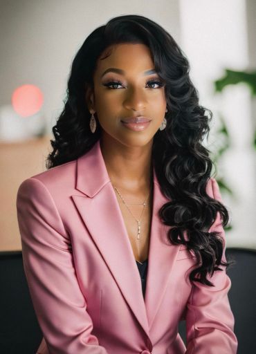 A woman wearing a pink jacket and earrings is sitting on a couch.