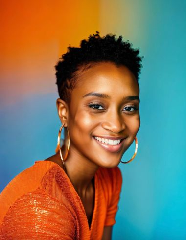 A woman wearing hoop earrings and an orange shirt is smiling for the camera.