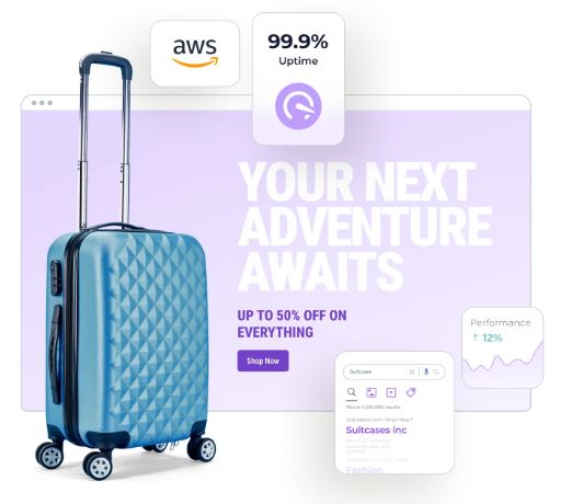 A blue suitcase is on a computer screen that says your next adventure awaits