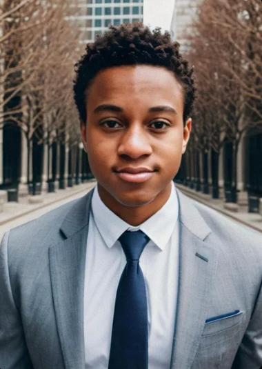 A man in a suit and tie stands in front of a building