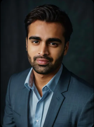 A man with a beard is wearing a suit and a blue shirt