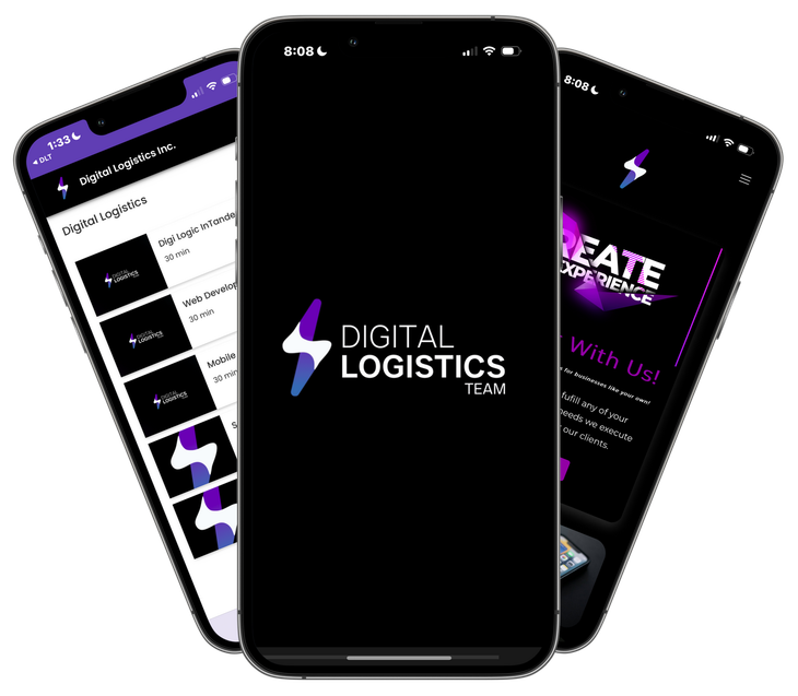 Three phones are displaying the digital logistics app on their screens.