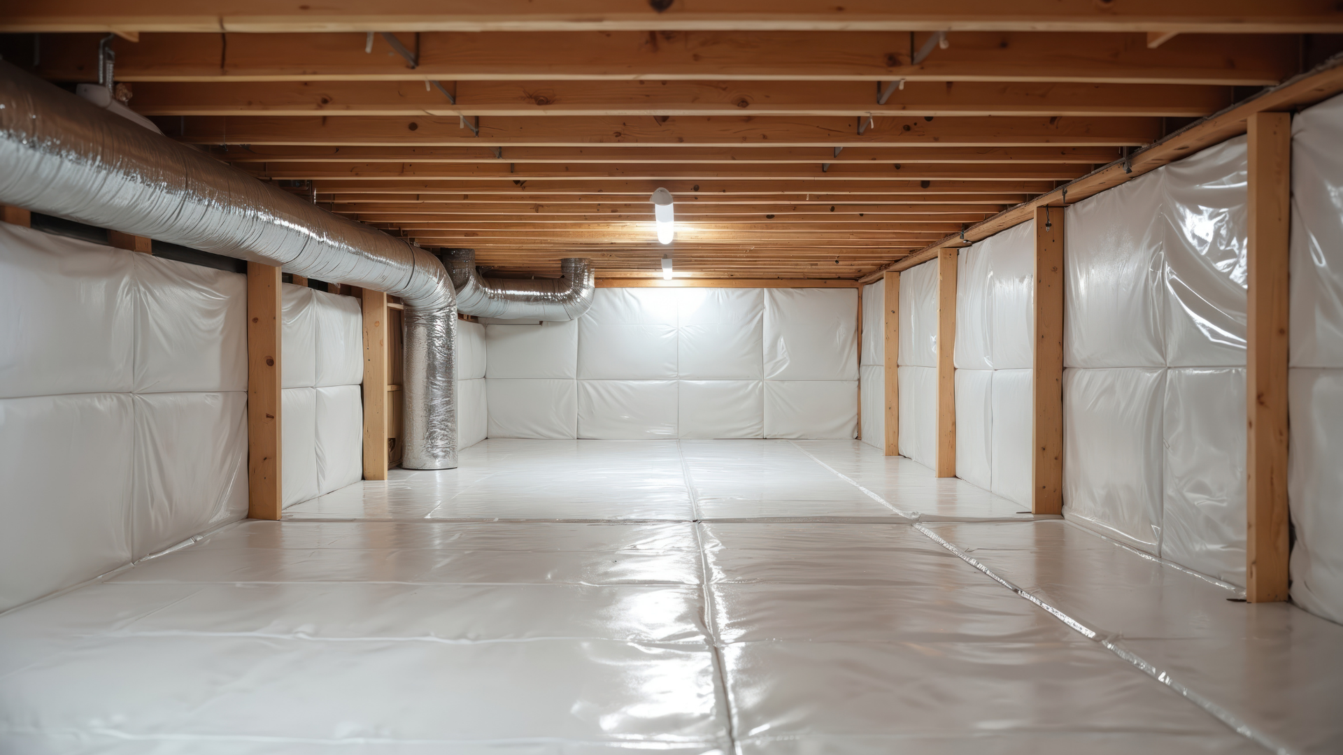 An unfinished basement with insulation on walls and floor, exposed wood beams, and air ducts.