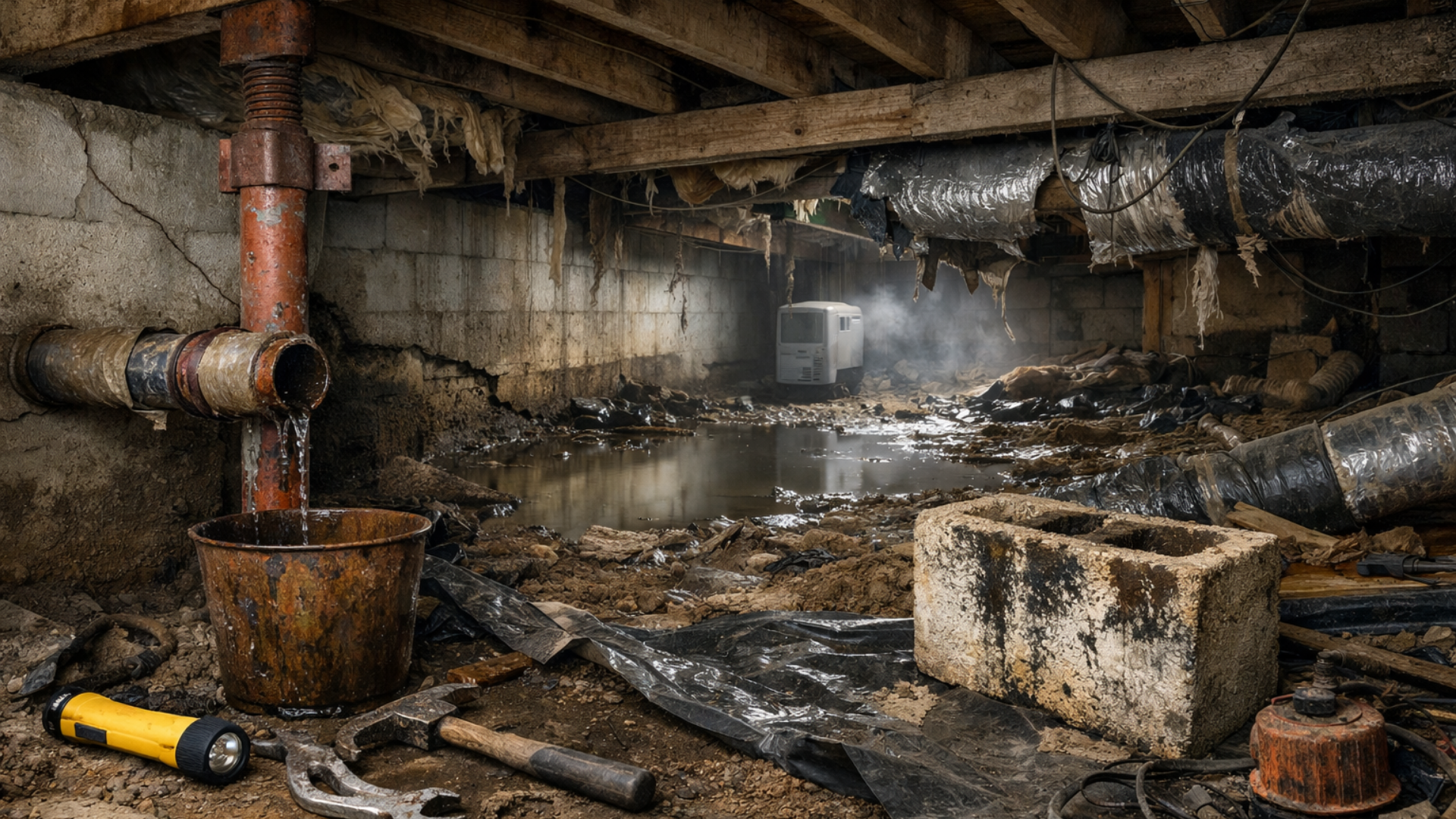 A crawlspace with standing water, rusty pipes, debris, and damaged insulation.