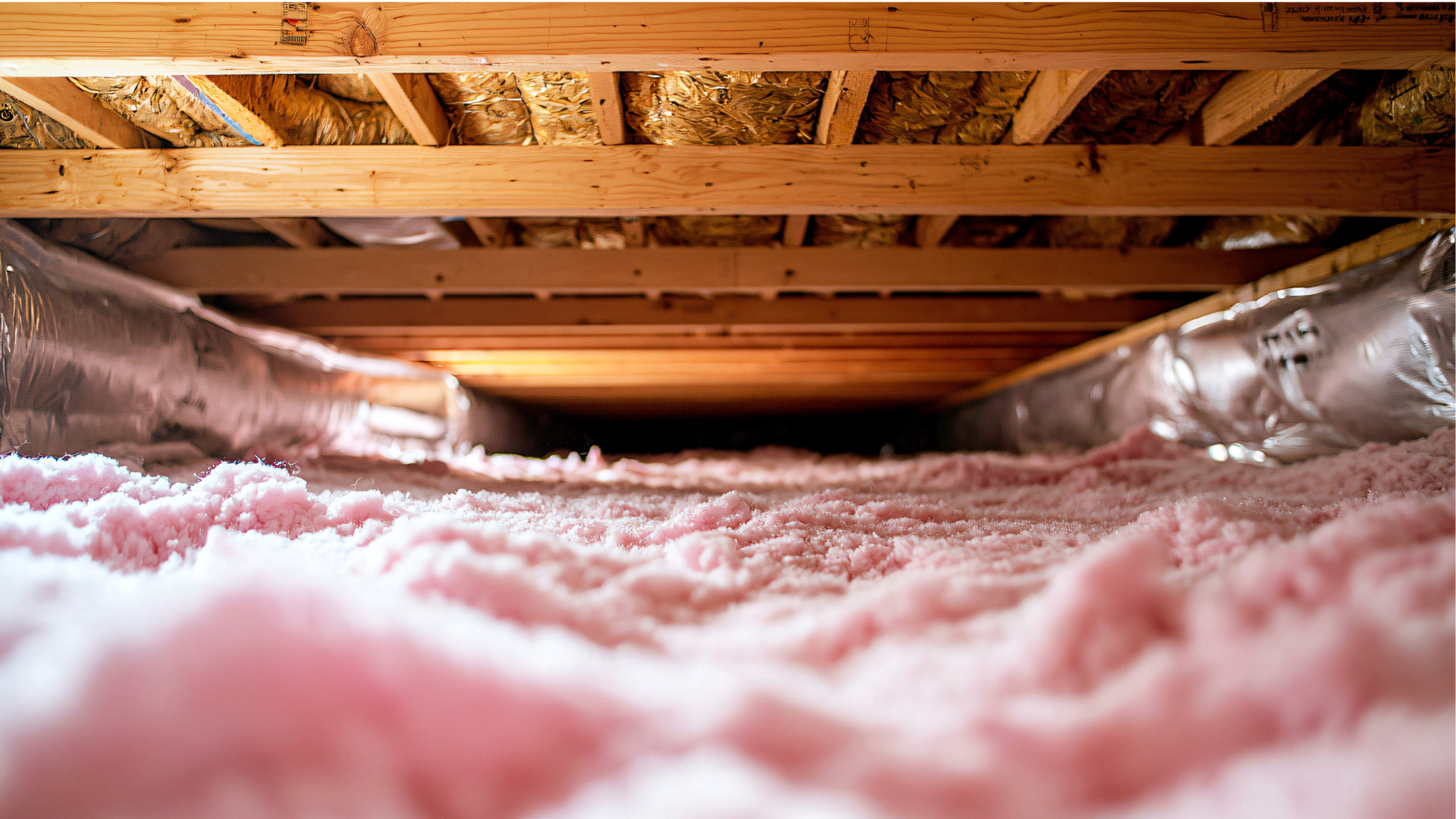 Looking up at the ceiling of a house with pink insulation.