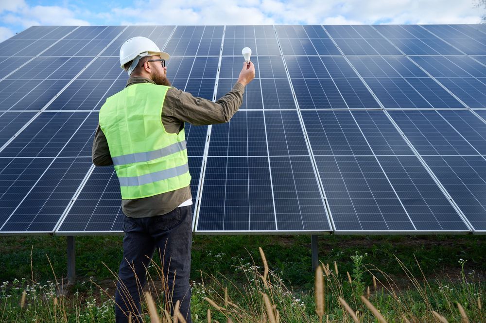 Un técnico con casco y chaleco de seguridad examina una bombilla junto a un conjunto de paneles solares.