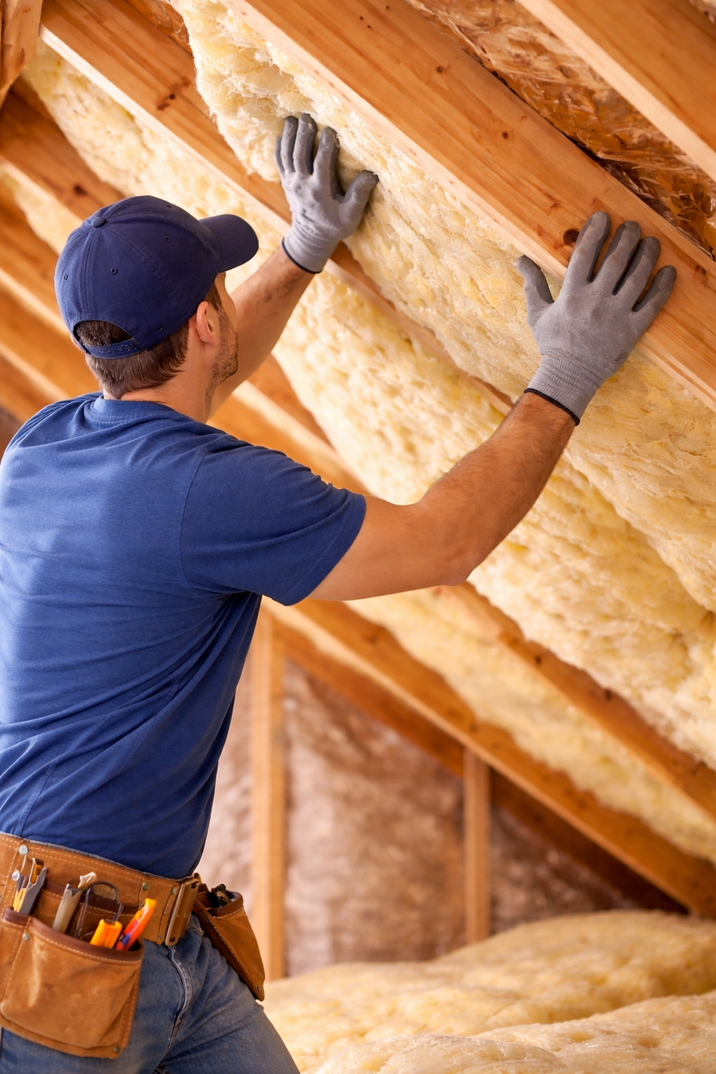 Man installing insulation in an attic, wearing gloves, holding the insulation up to wooden beams.