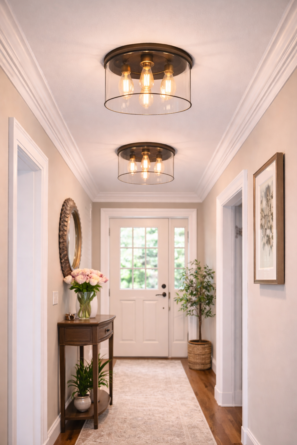 Hallway with overhead lights, entryway table, rug, and framed artwork.