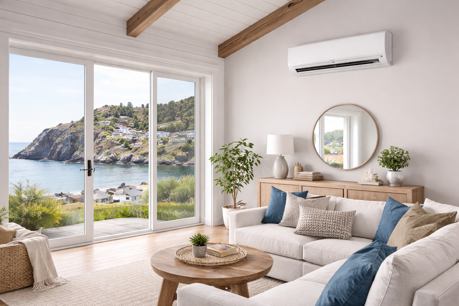 Bright living room with ocean view, white sofa, air conditioner, wooden table and beams.