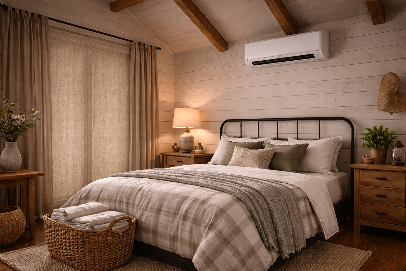 Bedroom with a bed, nightstands, and air conditioner on the wall. Neutral tones with natural textures.