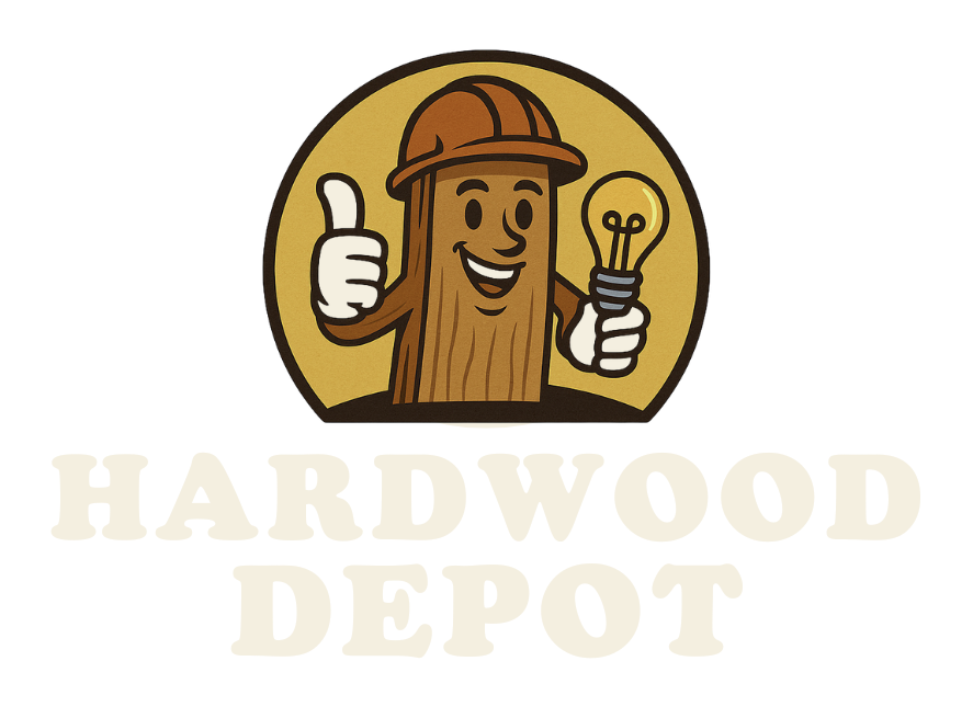 A wood plank cartoon character with a thumbs up and a lightbulb, logo for Hardwood Depot.