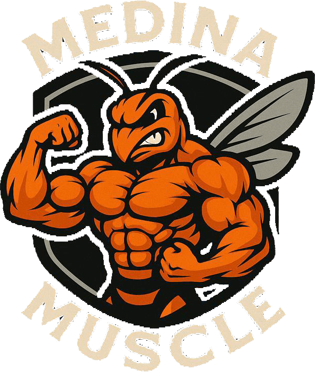 A muscular orange hornet flexing its bicep, within a shield labeled