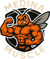 A muscular orange hornet flexing its bicep, within a shield labeled