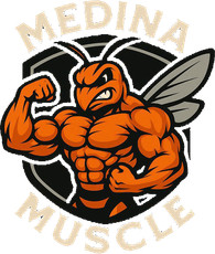 A muscular orange hornet flexing its bicep, within a shield labeled