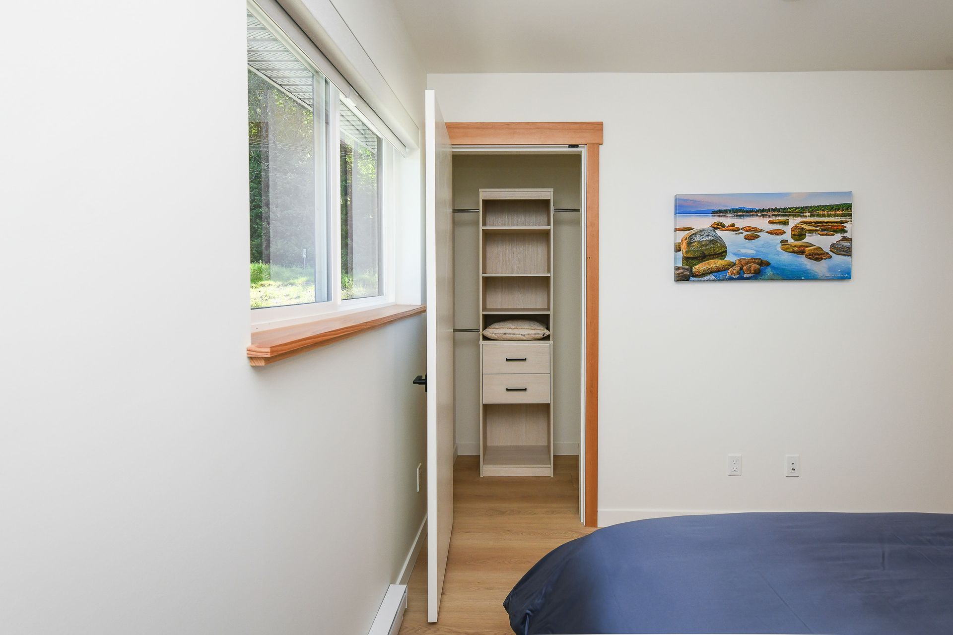 A bedroom with a closet and a picture on the wall