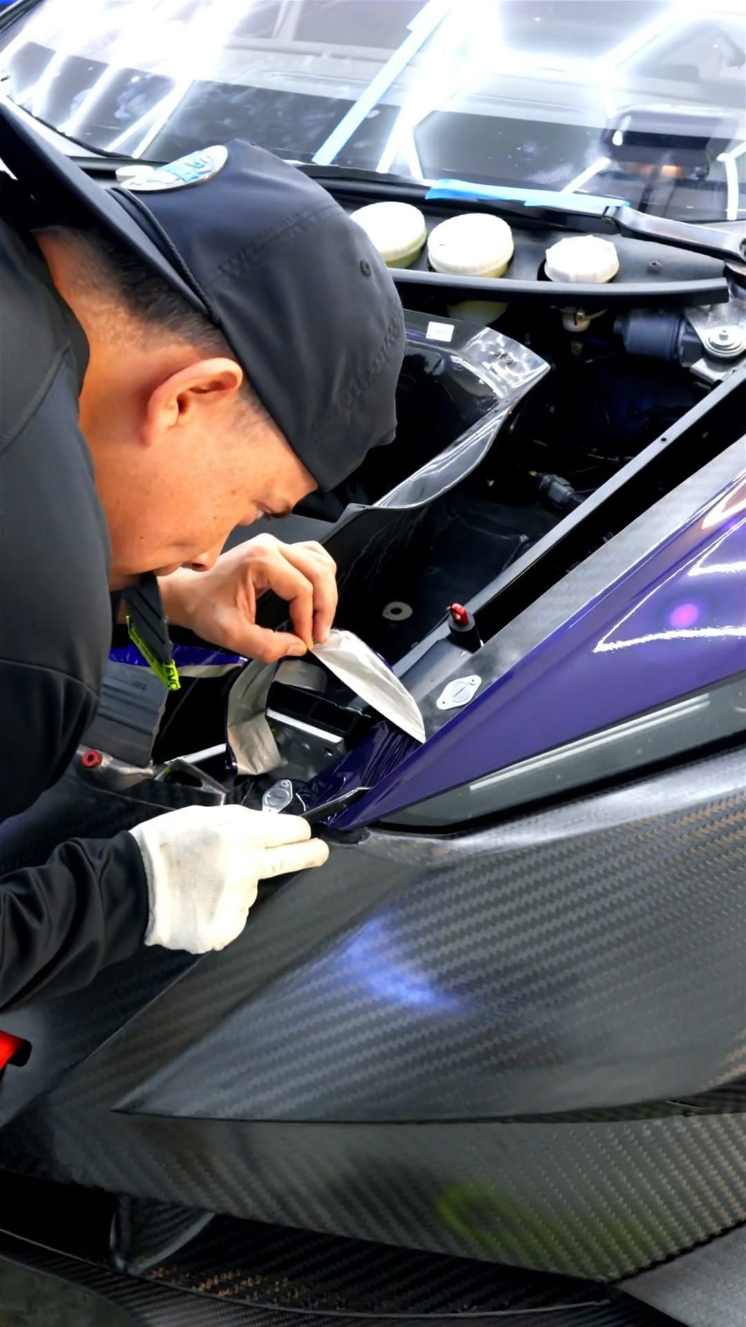 Person applying wrap to a vehicle's body panel. They wear a hat and gloves, working carefully with a tool.