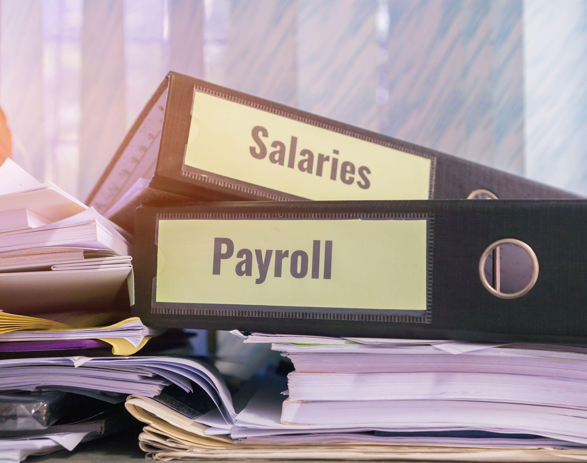 Two black file binders labeled 