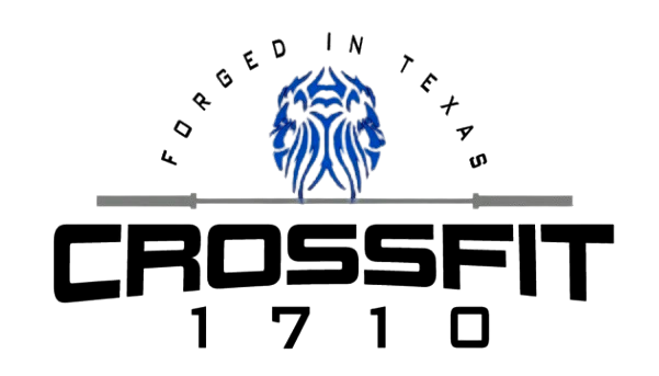 CrossFit gym logo: Black text "CROSSFIT 1710", barbell, blue lion crest, "FORGED IN TEXAS".