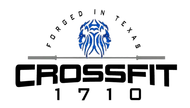 CrossFit gym logo: Black text "CROSSFIT 1710", barbell, blue lion crest, "FORGED IN TEXAS".