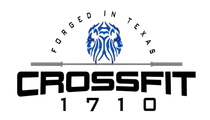 CrossFit gym logo: Black text "CROSSFIT 1710", barbell, blue lion crest, "FORGED IN TEXAS".