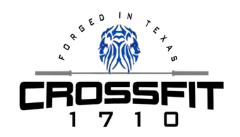 CrossFit gym logo: Black text "CROSSFIT 1710", barbell, blue lion crest, "FORGED IN TEXAS".